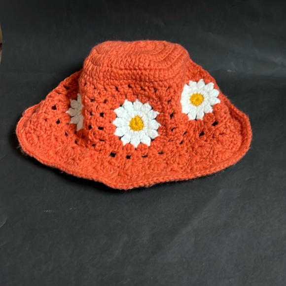 Hand Crafted Accessories - Handmade Orange Daisy Flower Crochet Bucket Hat